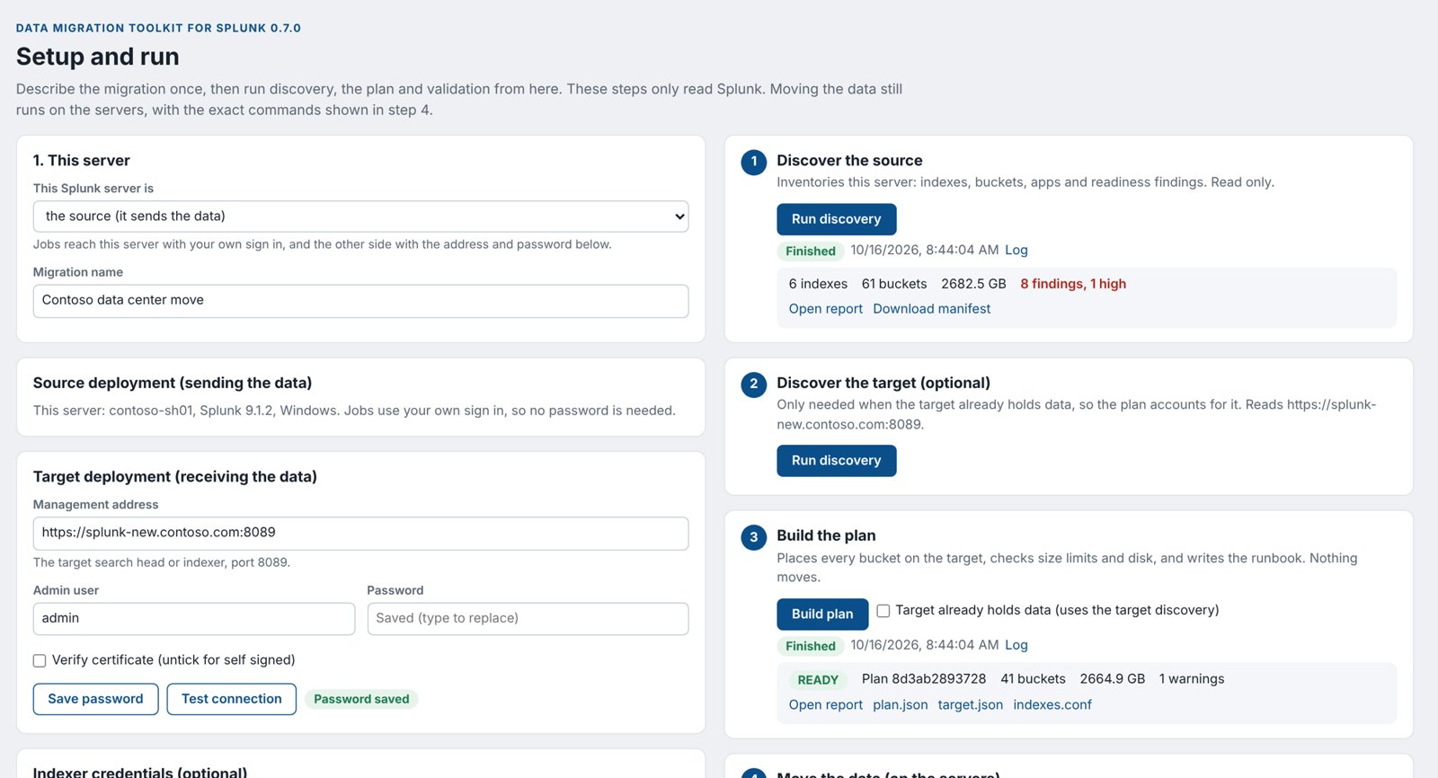 The Setup and run page with the setup form on the left and the run steps on the right